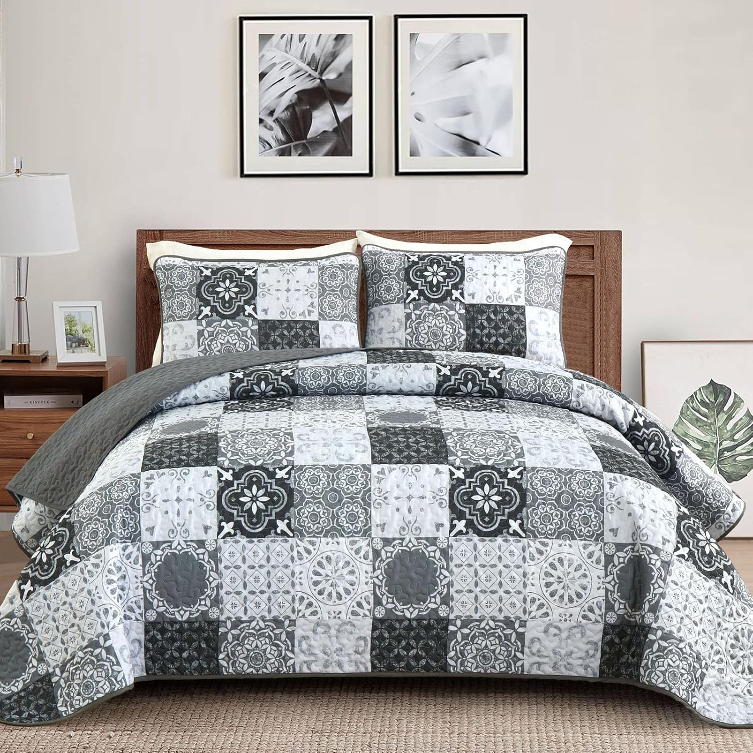 Dobuyly Grey Black Patchwork Quilt Set Queen Size