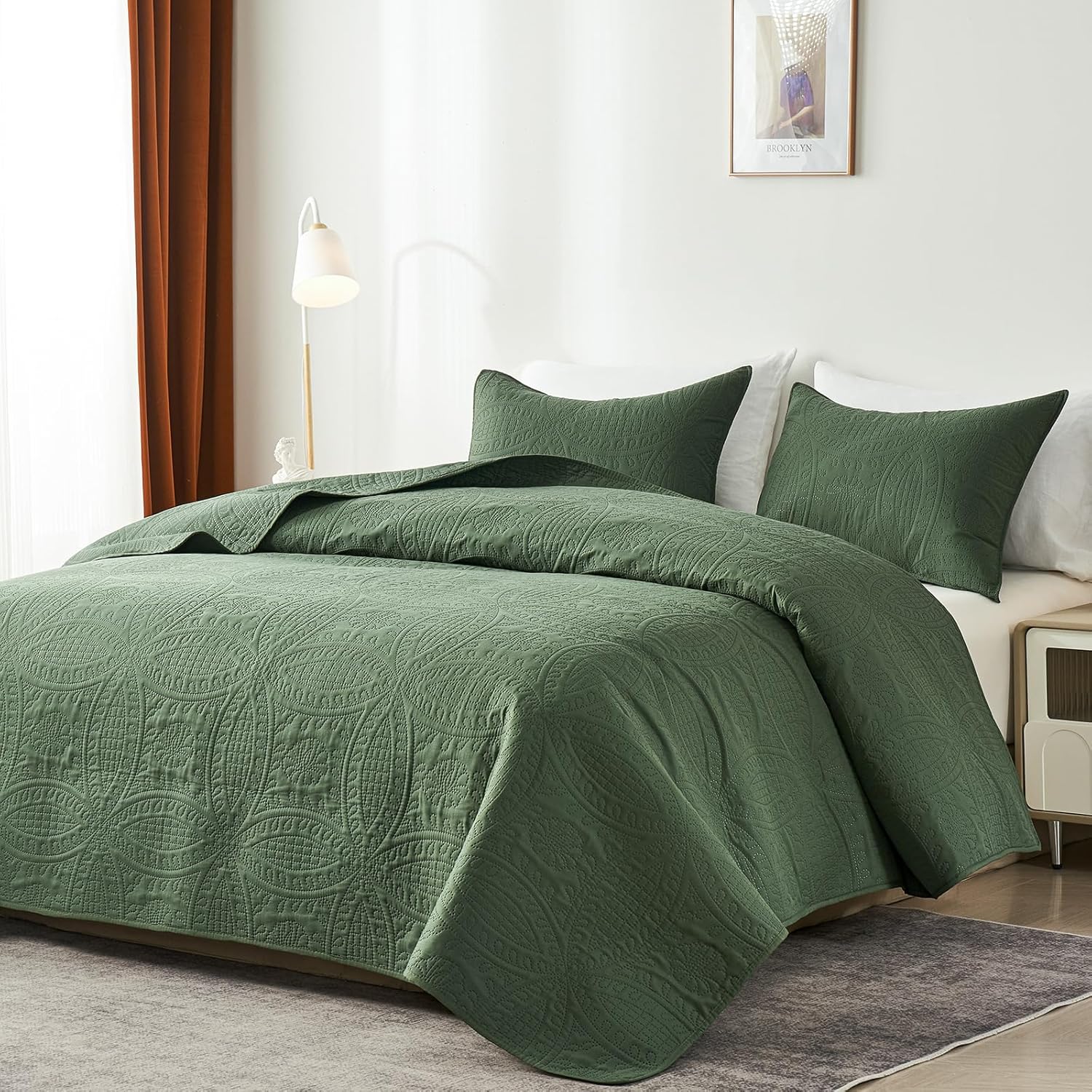 Akkialla Twin Quilt Bedding Set Olive Green Coin Pattern