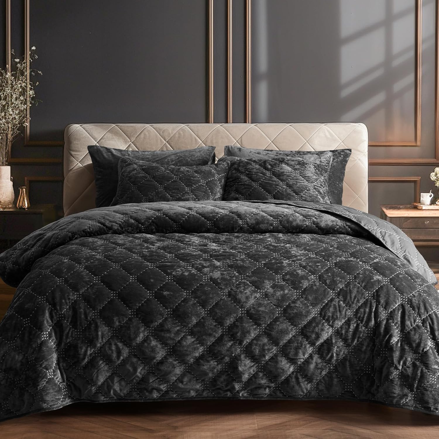 PHF Luxury Velvet Quilt Set King Size Black
