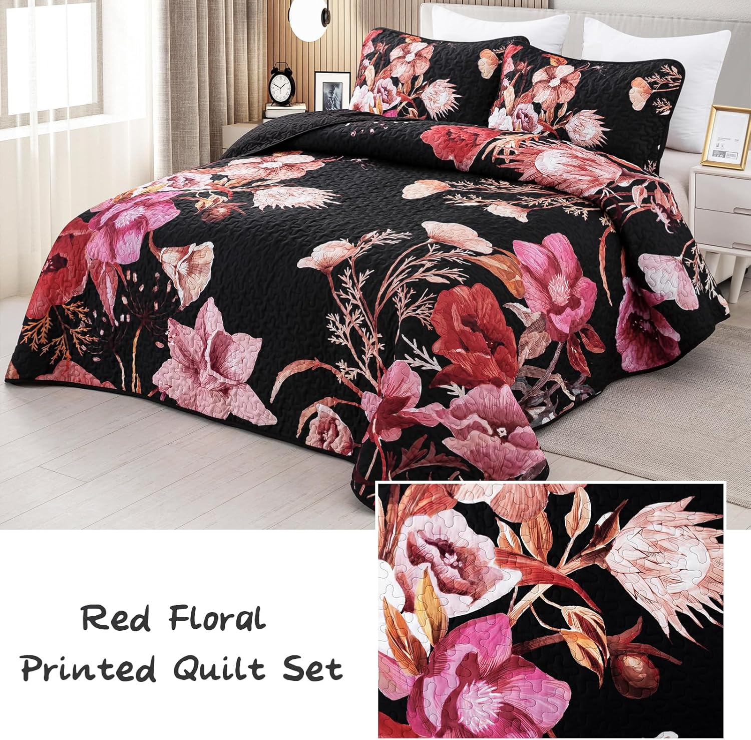 Drucon Red Floral Queen Quilt Set 3 Piece