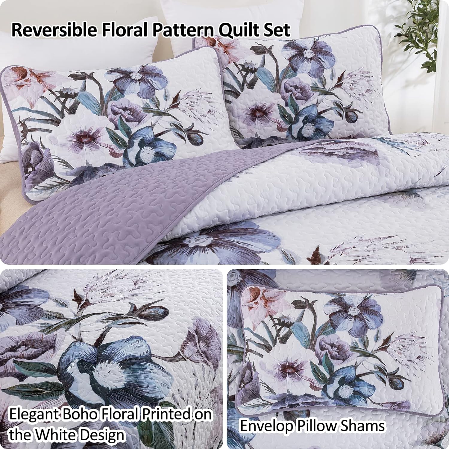 Drucon Purple Floral Quilt Set Queen 3 Pieces