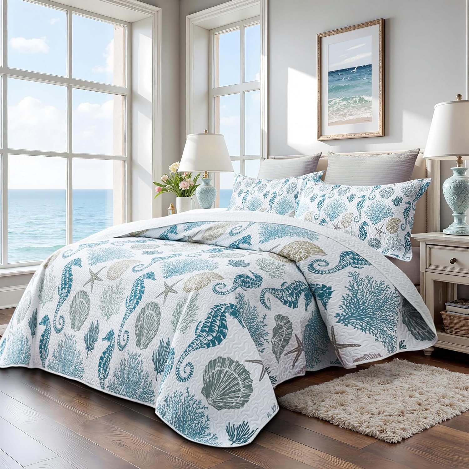 Coastal Bedding Queen Quilt Set with 2 Shams