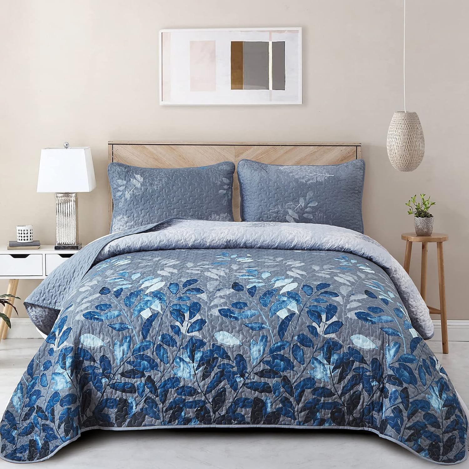WONGS BEDDING Blue Floral Quilt Set California King 3 Piece