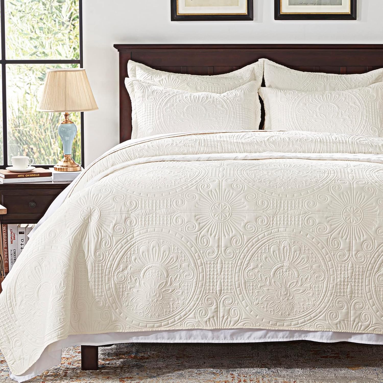 Anluoer Queen Size Quilt Set - Cream Embossed Microfiber Coverlet