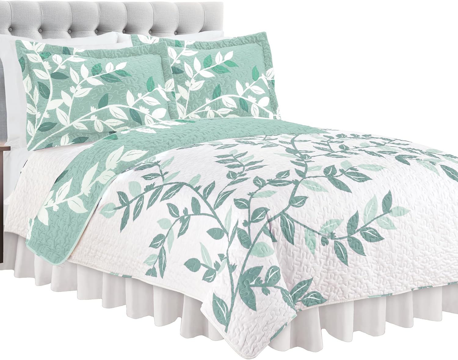 Collections Etc Unique Reversible Tonal Leaves Quilt Sage King