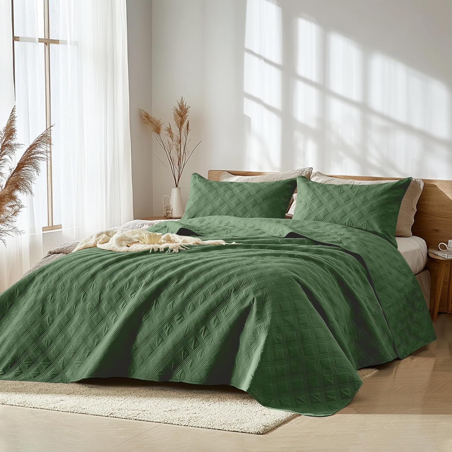 Inron King Size Quilt Set Olive Green Microfiber
