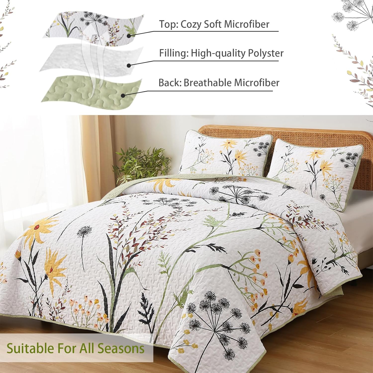 Dobuyly Sage Green Botanical Quilt Set Queen Size