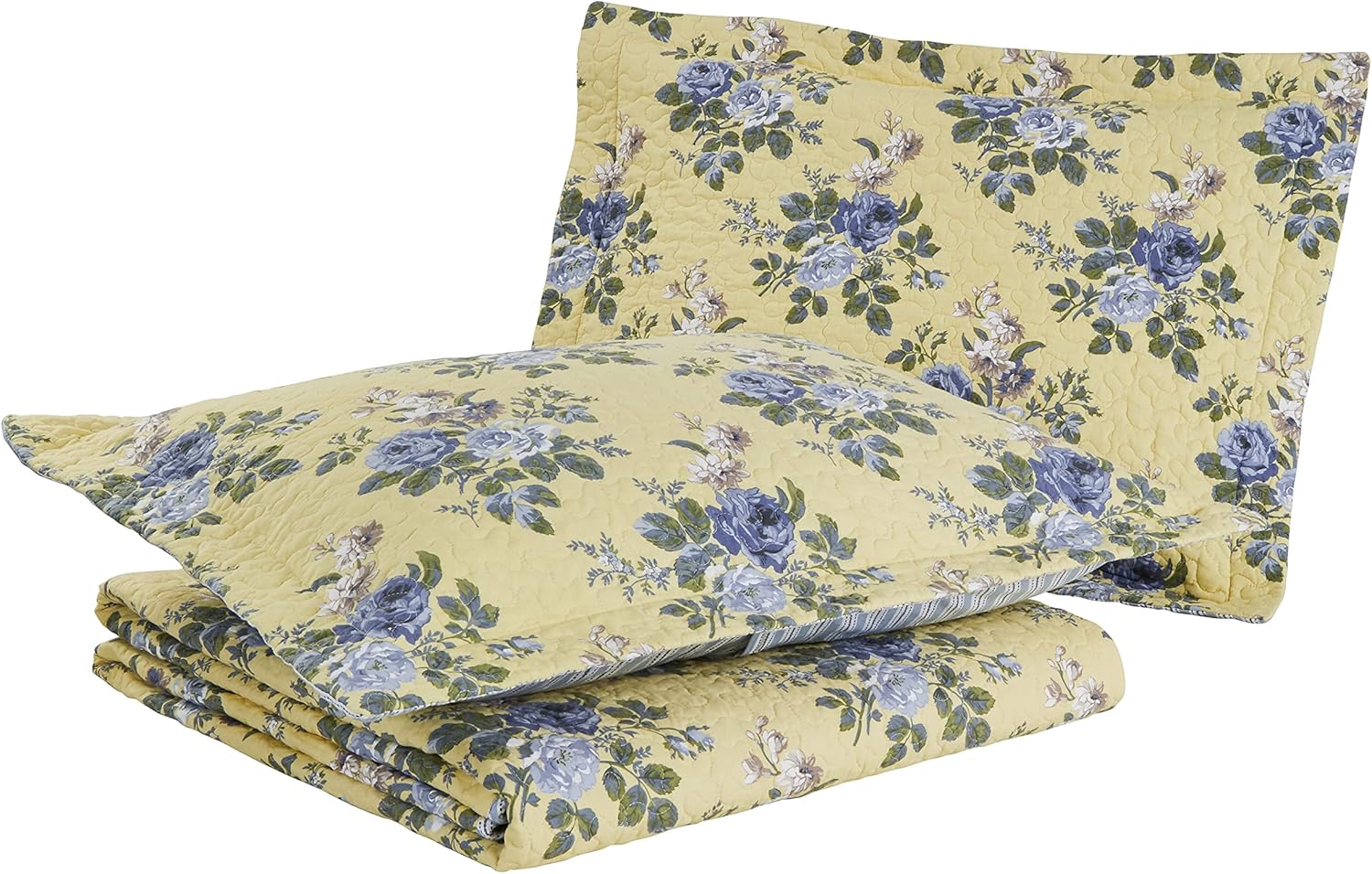 Laura Ashley King Quilt Set - Linley Yellow 3 Piece Reversible Cotton