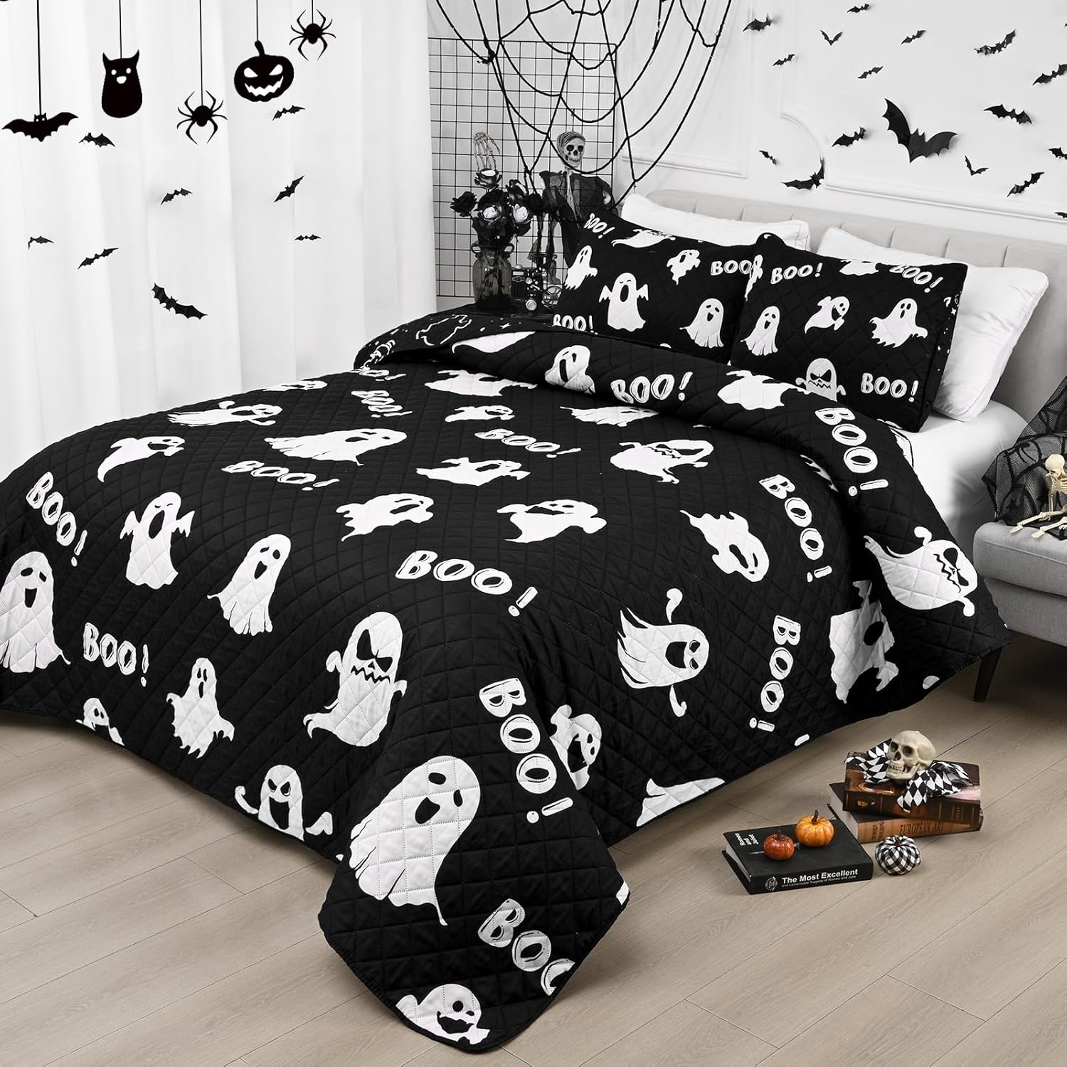 ASPMIZ Halloween Queen Quilt Set 90x90 Reversible Black Ghost Comforter