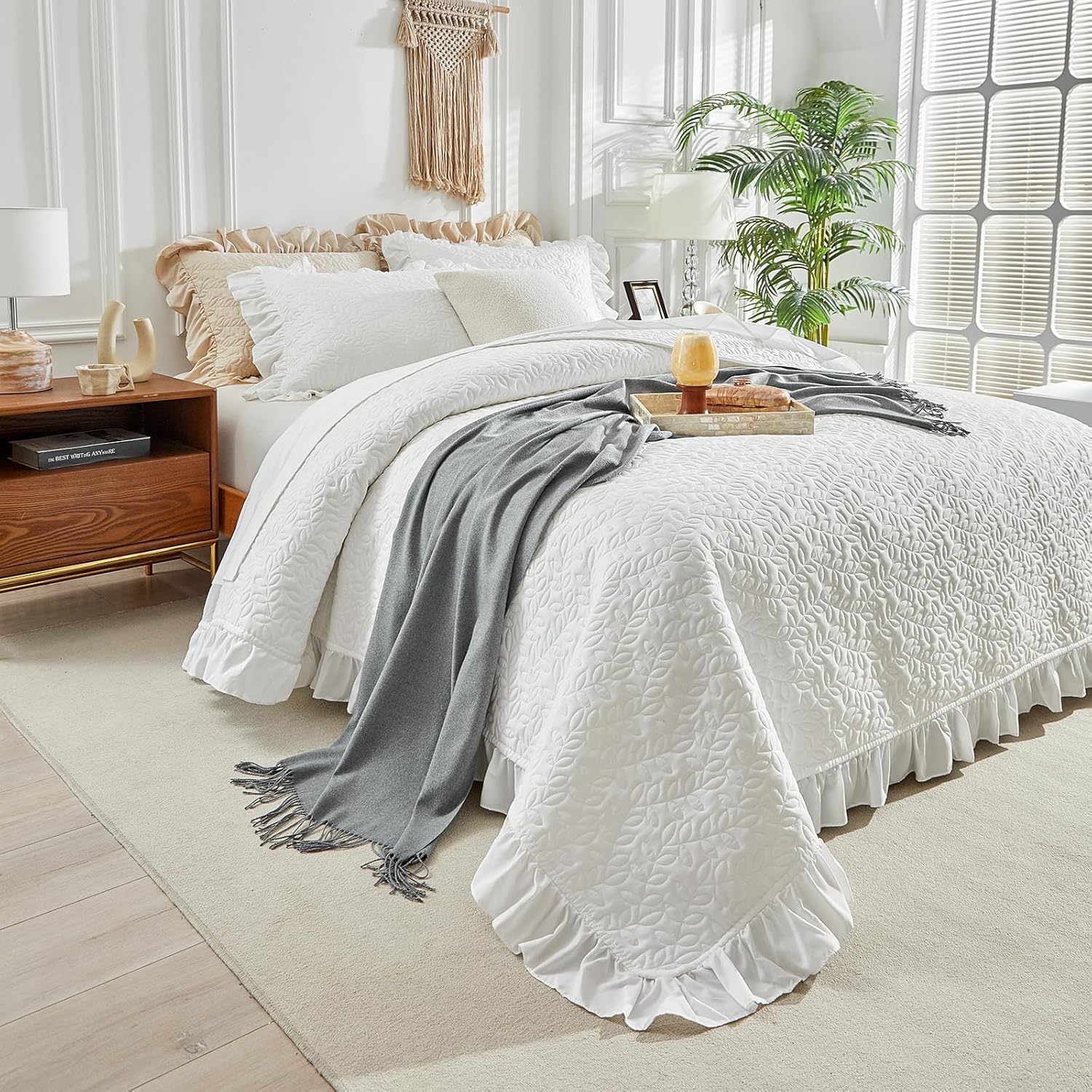 UOZZI BEDDING Ruffled Quilt Set California King Size 3PC