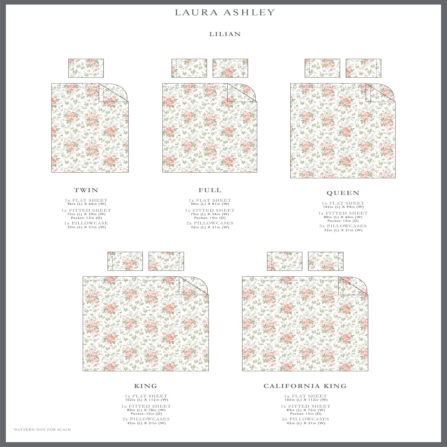 Laura Ashley Queen Bed Sheet Set - Smooth Sateen Cotton with Pillowcases