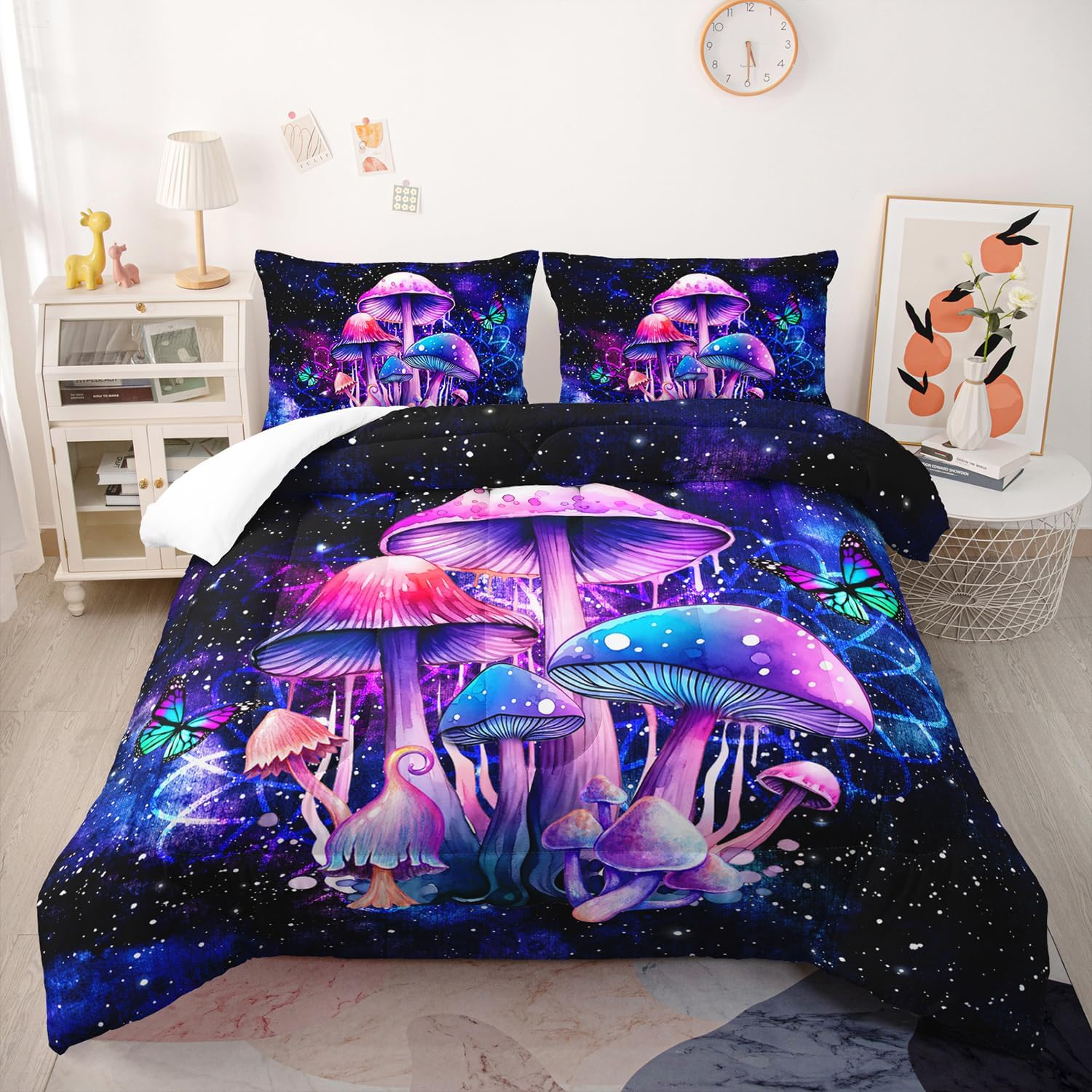 Fantasy Mushrooms Comforter Set Full - 3 Pieces Violet Down Alternative Quilt Bedding