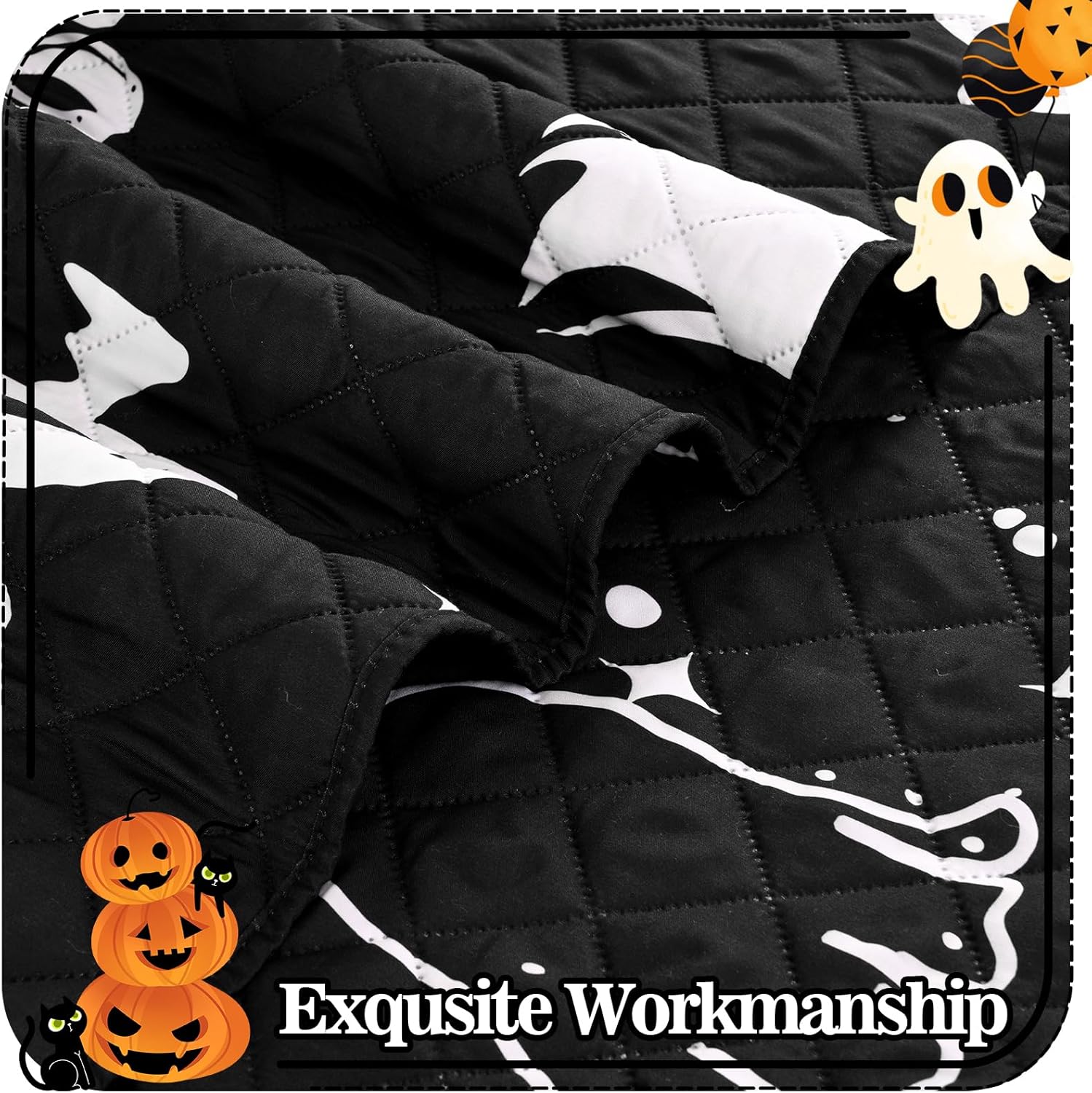 ASPMIZ Halloween Queen Quilt Set 90x90 Reversible Black Ghost Comforter