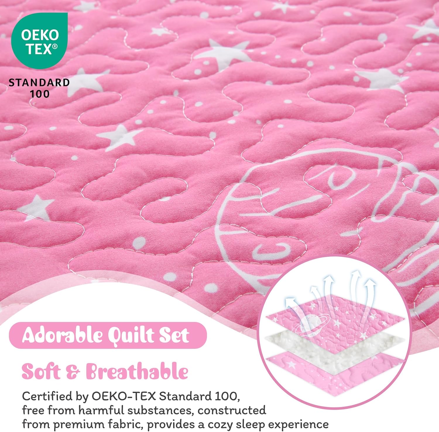 JSD Gradient Pink Stars Kids Quilt Set Full Queen Space Theme