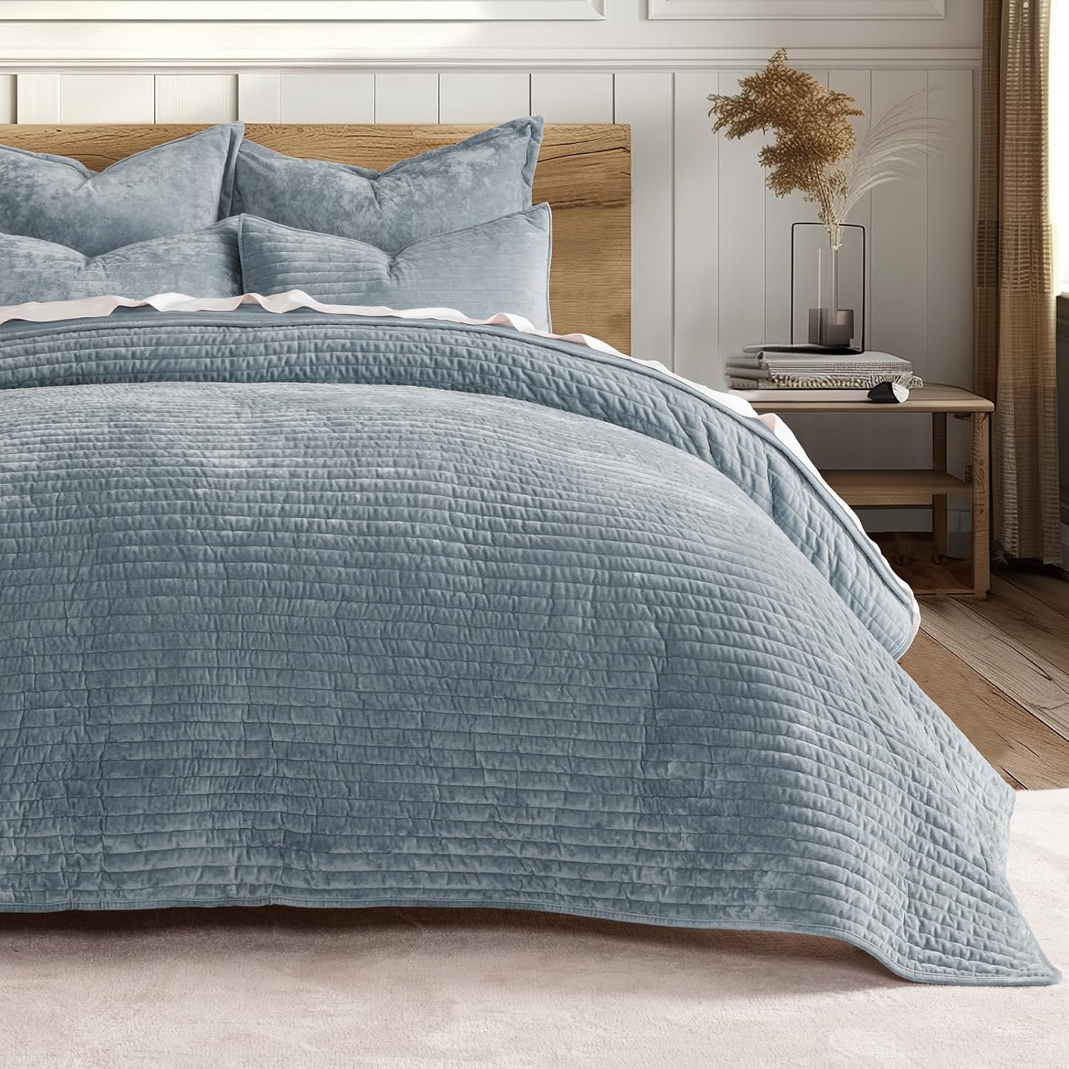 EVERGRACE Velvet Quilt Set - Dusty Blue King Size