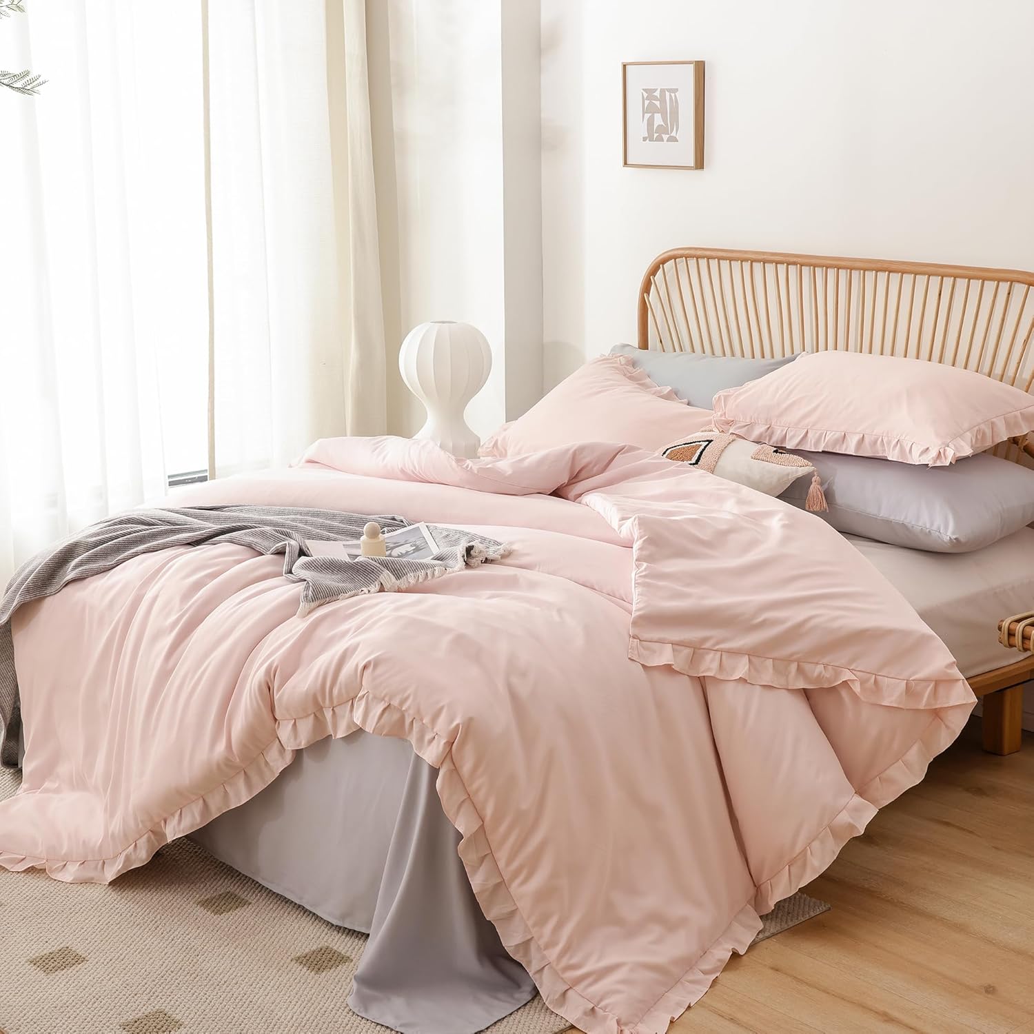 JANZAA Ruffled Comforter Set 3PCS Pink Blush Full Size