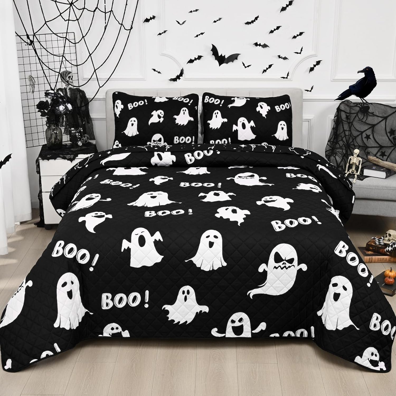 ASPMIZ Halloween Queen Quilt Set 90x90 Reversible Black Ghost Comforter