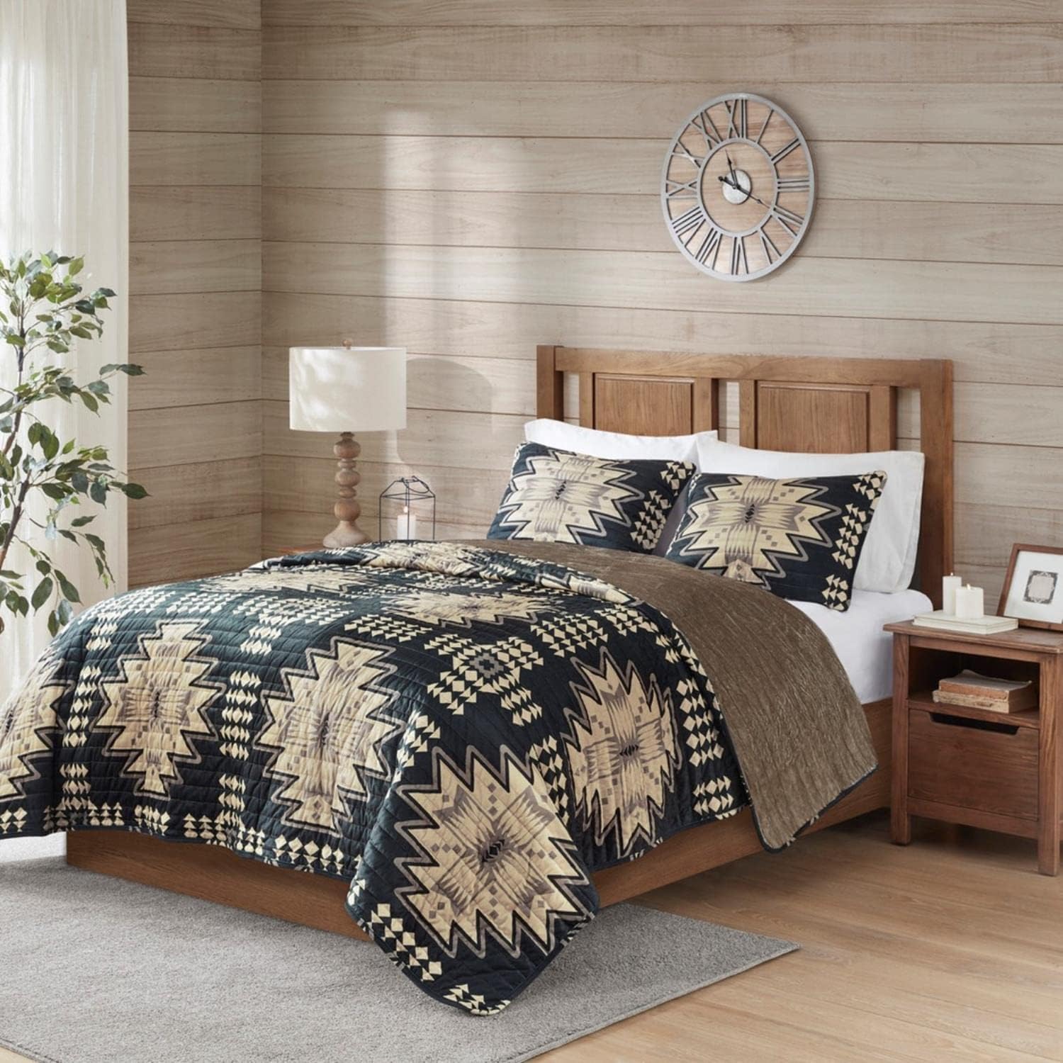 Woolrich Sierra Oversized Quilt Set - Aztec Print Tan Black 3 Piece