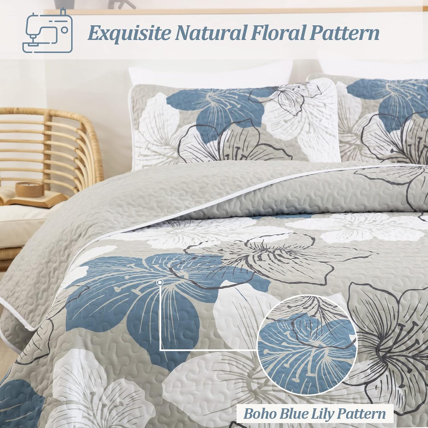 DJY 3 Piece Quilt Set California King Blue Floral Bedspread