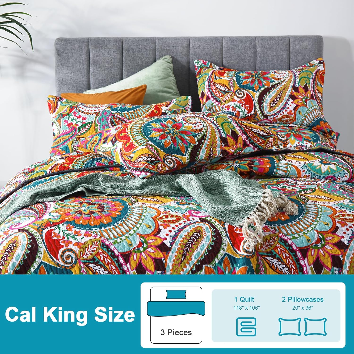 Qucover Boho Paisley Cal King Quilt Set with Pillow Shams