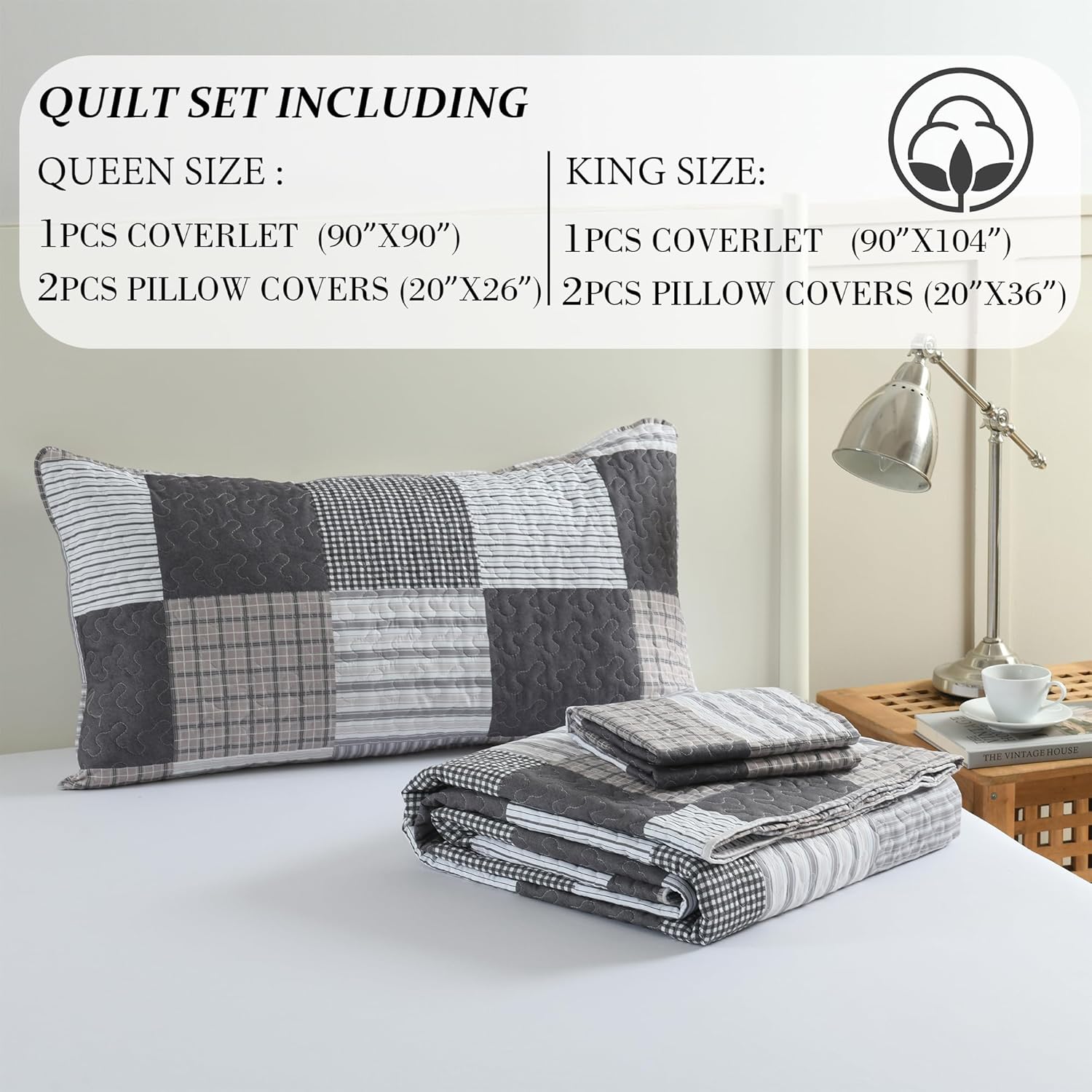 HIARUO 3PCS Queen Quilt Set with Plaid Patchwork and Pillow Covers