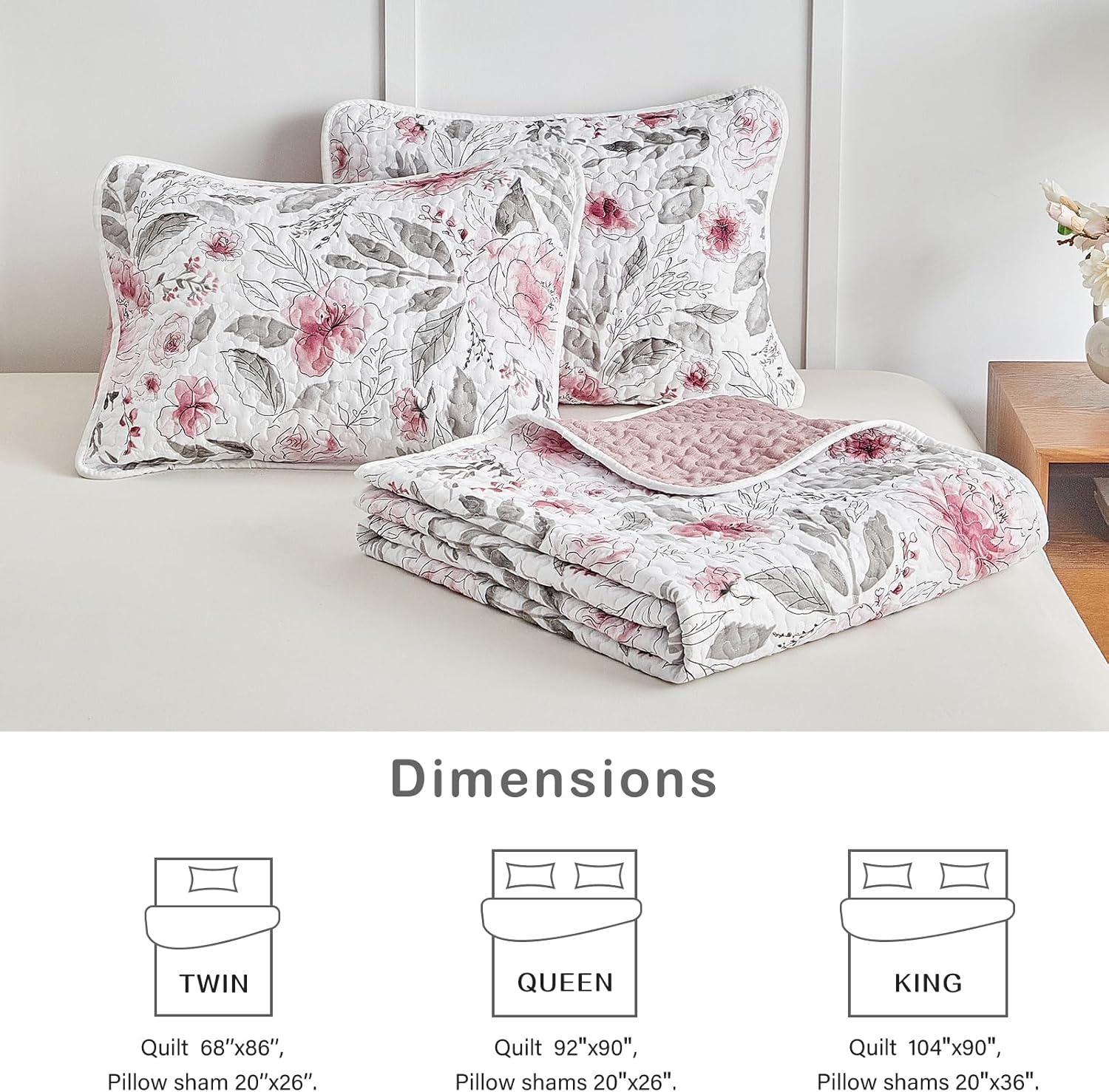 Flysheep Botanical Quilt Set 3 Piece Blush Pink Grey Flowers