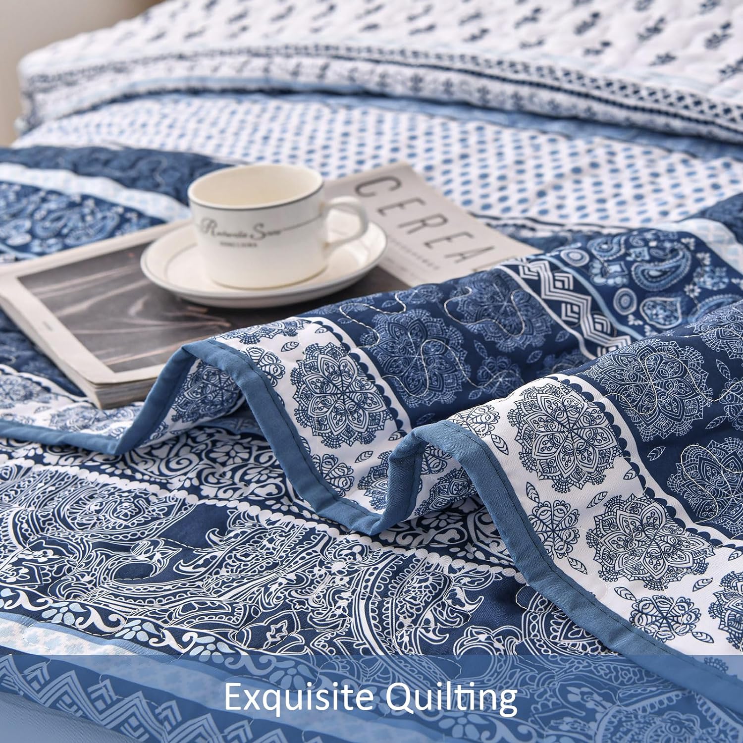 WONGS BEDDING Navy Blue Boho Queen Quilt Set 3pcs