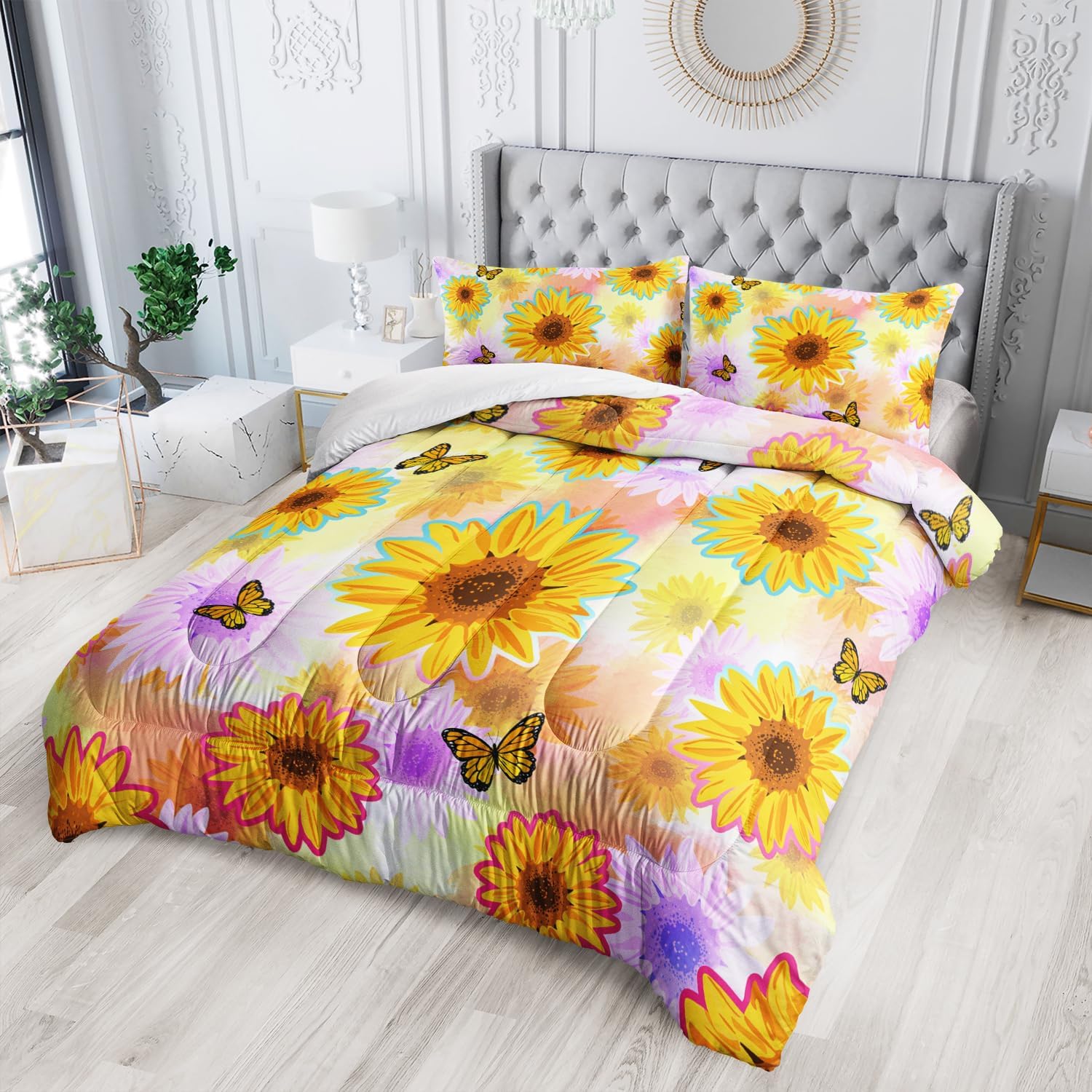 XYNHML Sunflower Butterfly Comforter Set Full Size Yellow Tie Dye