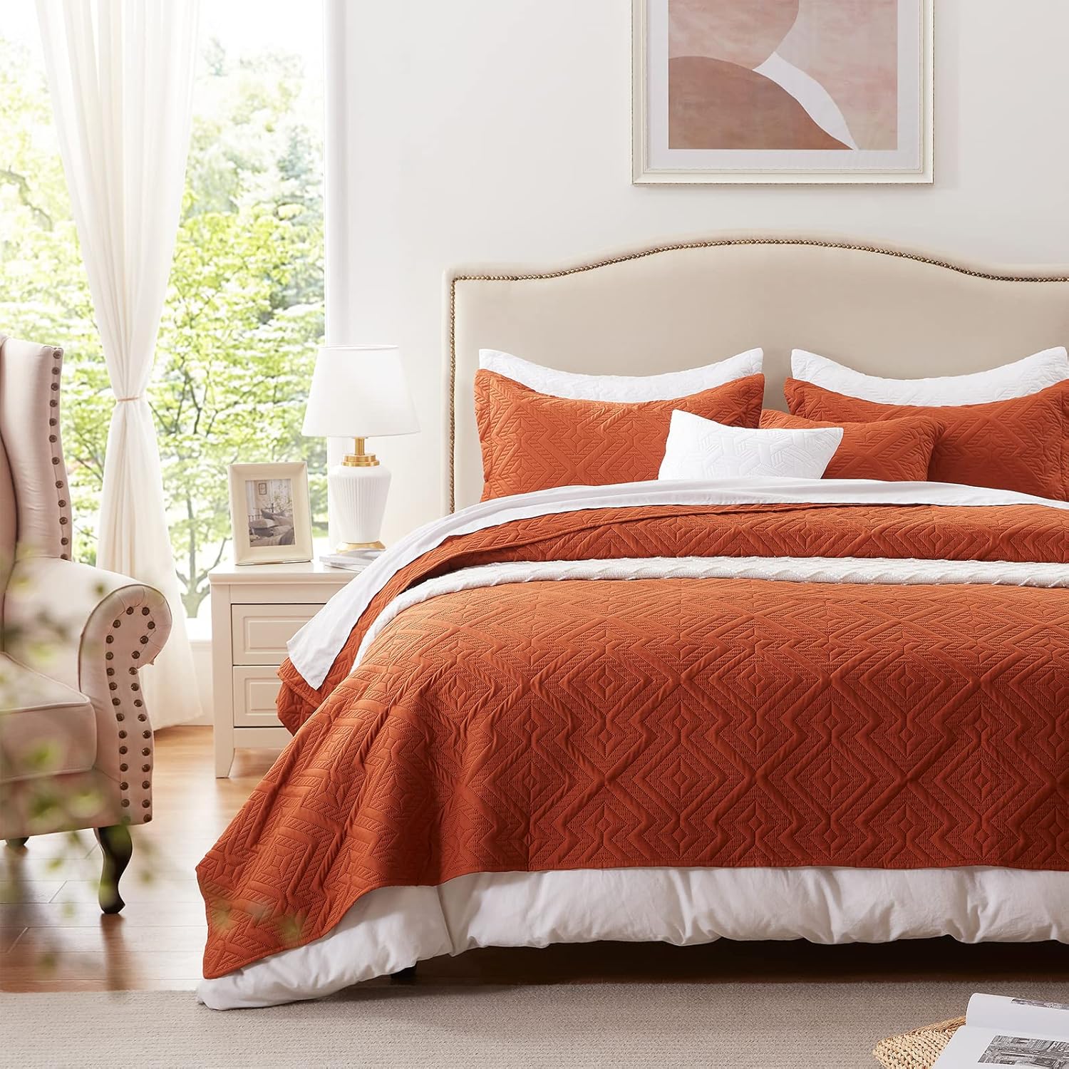 LEAONME Full Queen Quilt Set 3 Pieces Burnt Orange