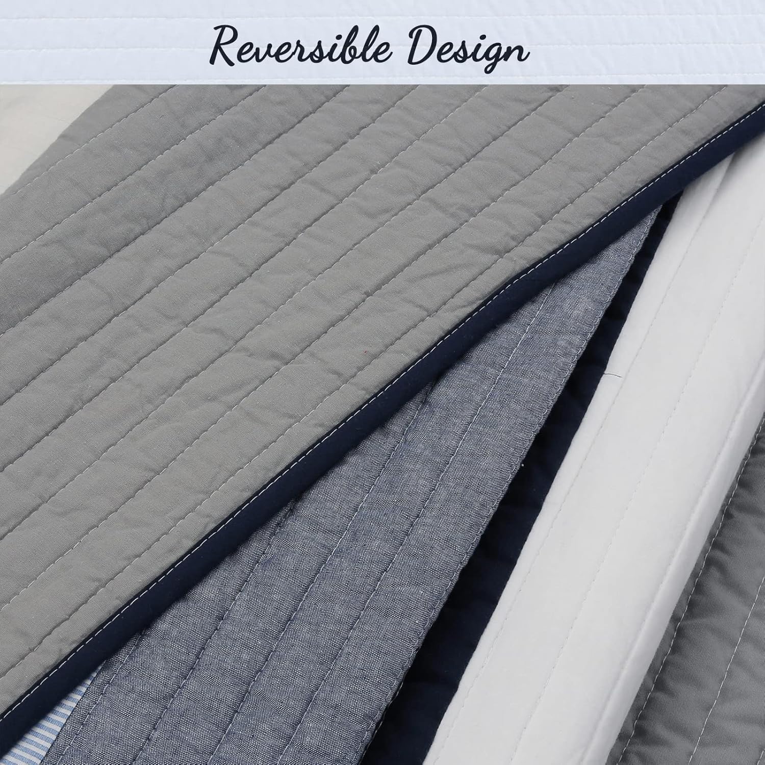 Cozy Line Tranquil Blue Gray Striped Reversible Quilt Bedding Set Queen - 3 Piece