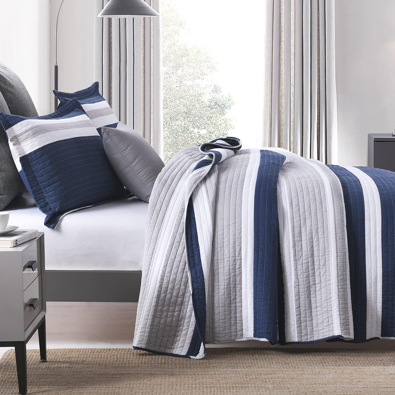 SahSahCasa Queen Quilt Set - Navy Blue Striped 3 Pieces 100 Cotton