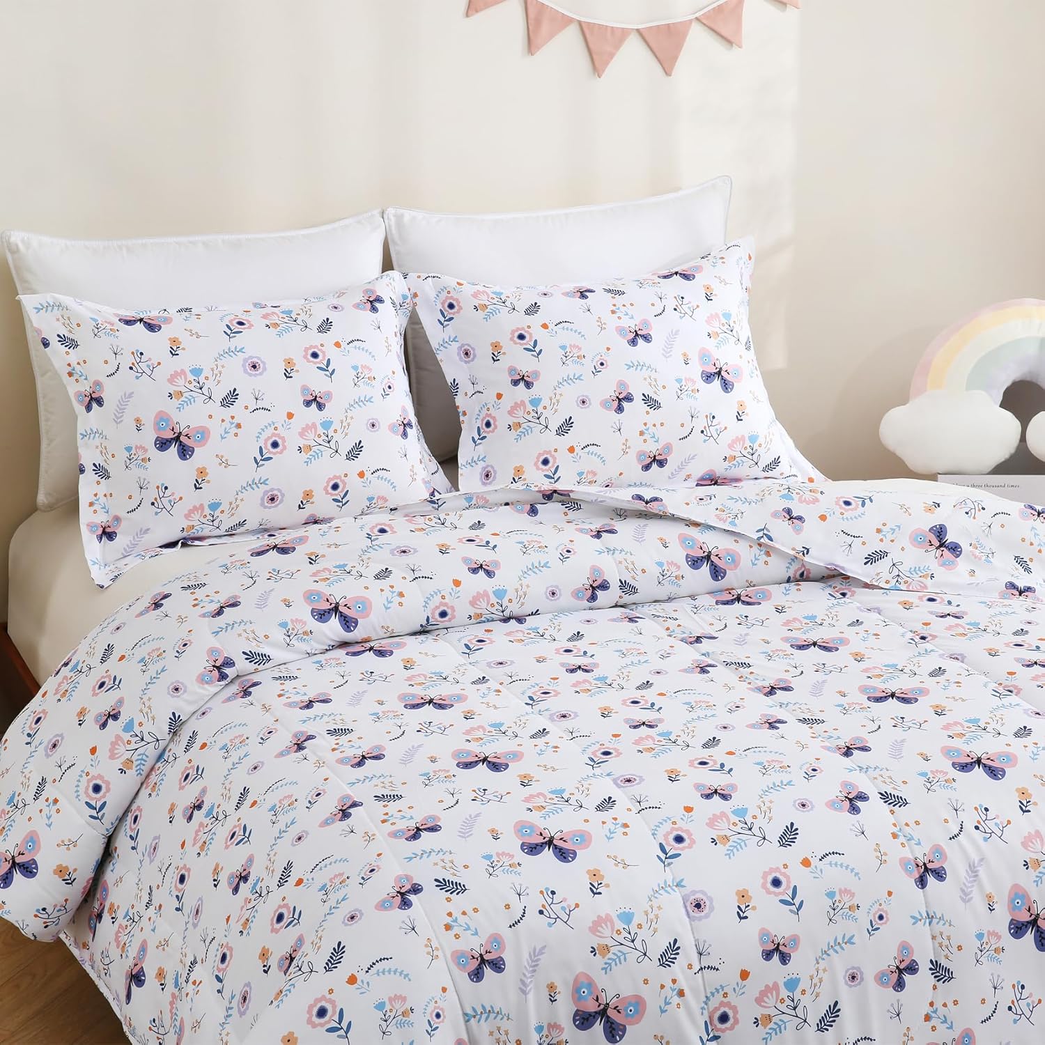 Yibeizi Butterfly Floral Comforter Set for Girls Twin