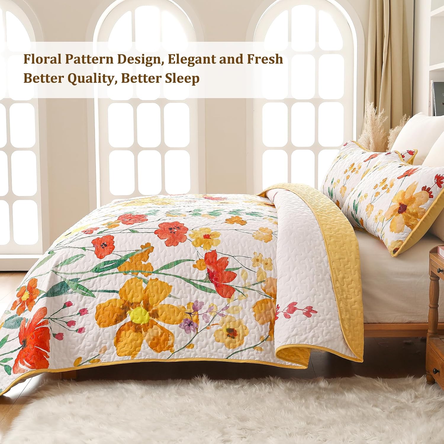Anibedding Yellow Floral Quilt Set King Size