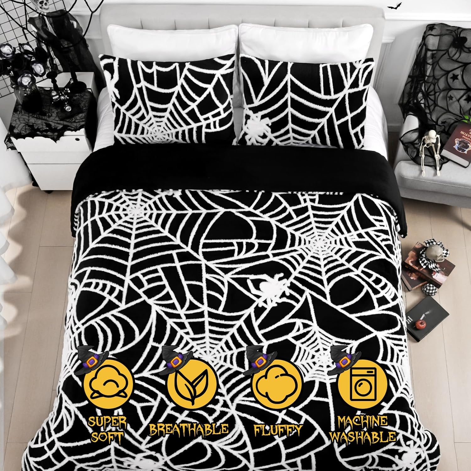 Yinhua Halloween Queen Comforter Set with Spider Web Design