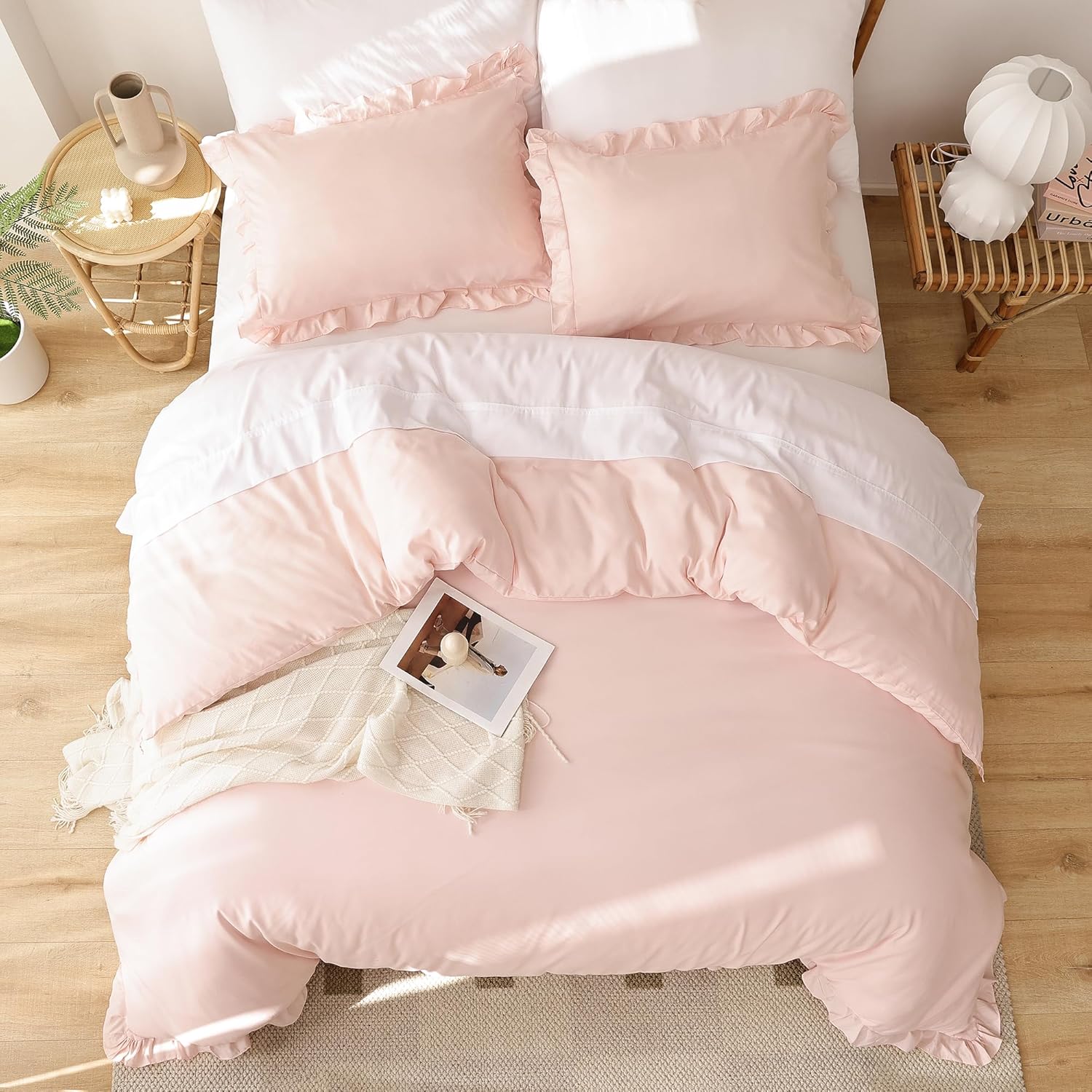 JANZAA Ruffled Comforter Set 3PCS Pink Blush Full Size