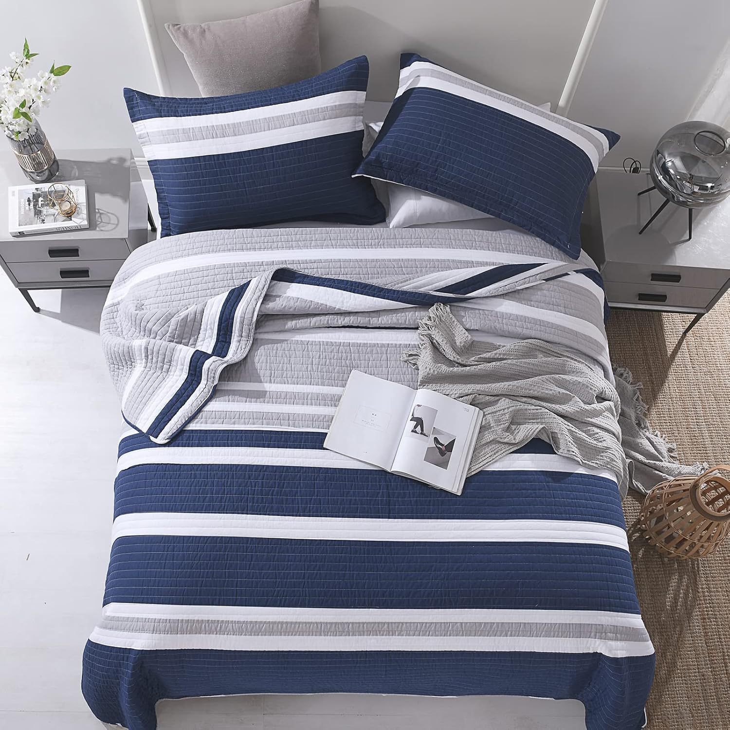 SahSahCasa Queen Quilt Set - Navy Blue Striped 3 Pieces 100 Cotton