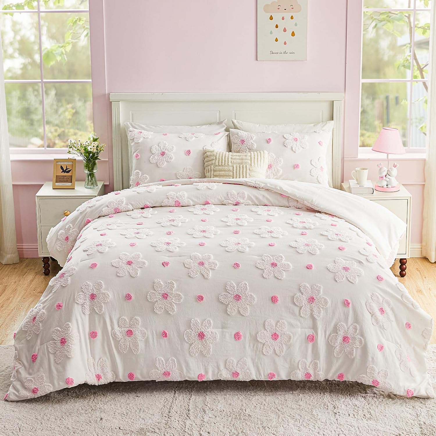 VIVILINEN Pink Floral Comforter Set for Girls 3-Piece