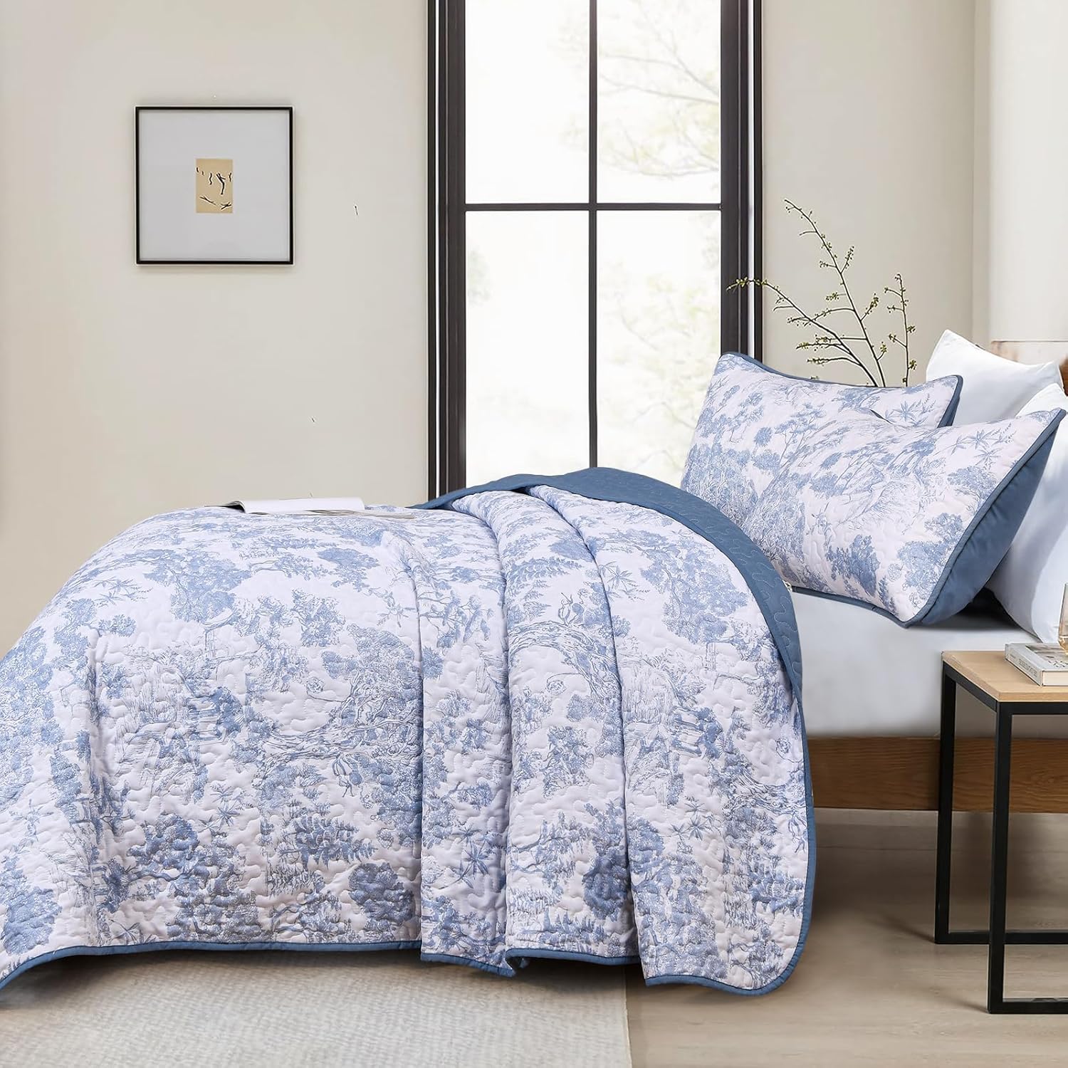 WONGS BEDDING King Size Blue Quilt Set 3 pcs