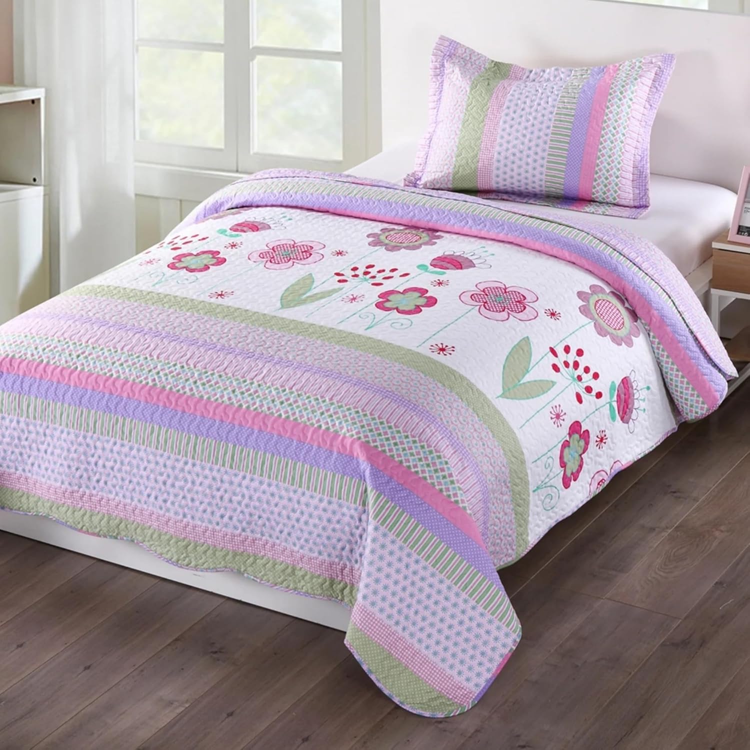 MarCielo 2 Piece Kids Quilt Set Throw Blanket Purple Floral Striped
