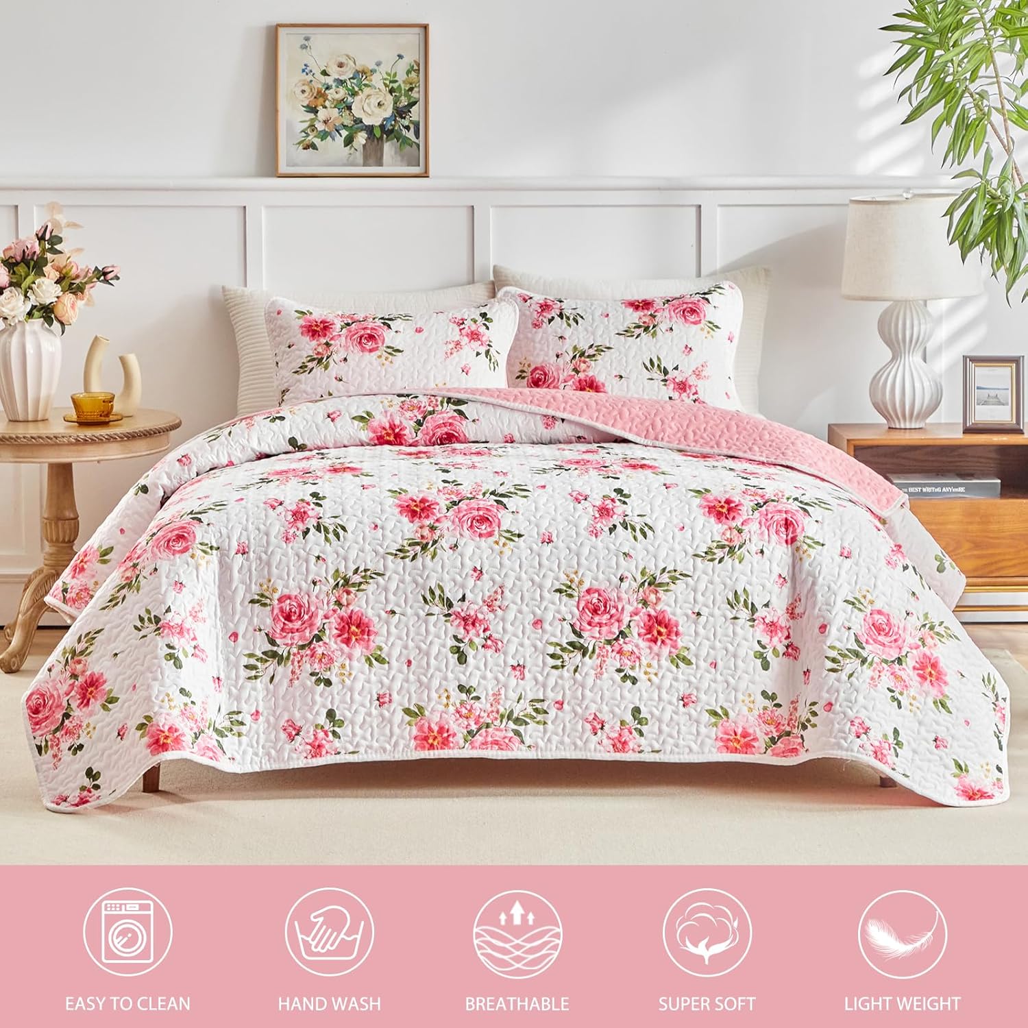 UOZZI BEDDING 3 Piece Reversible Flower Bedspread Set