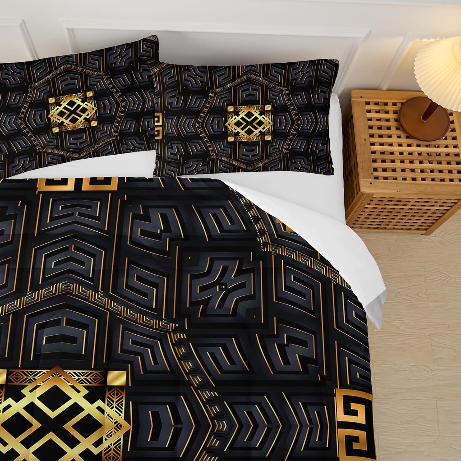 Black Gold Plaid Comforter Set Queen Size