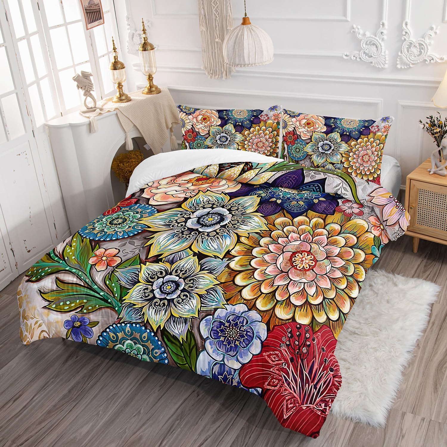3-Piece Boho Floral Comforter Set King Size