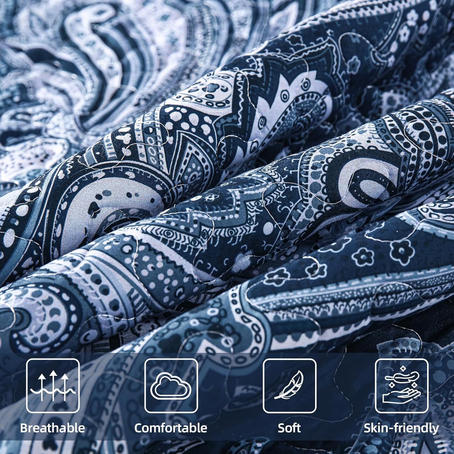 DJY Navy Paisley Quilt Set 3 Pieces King Size