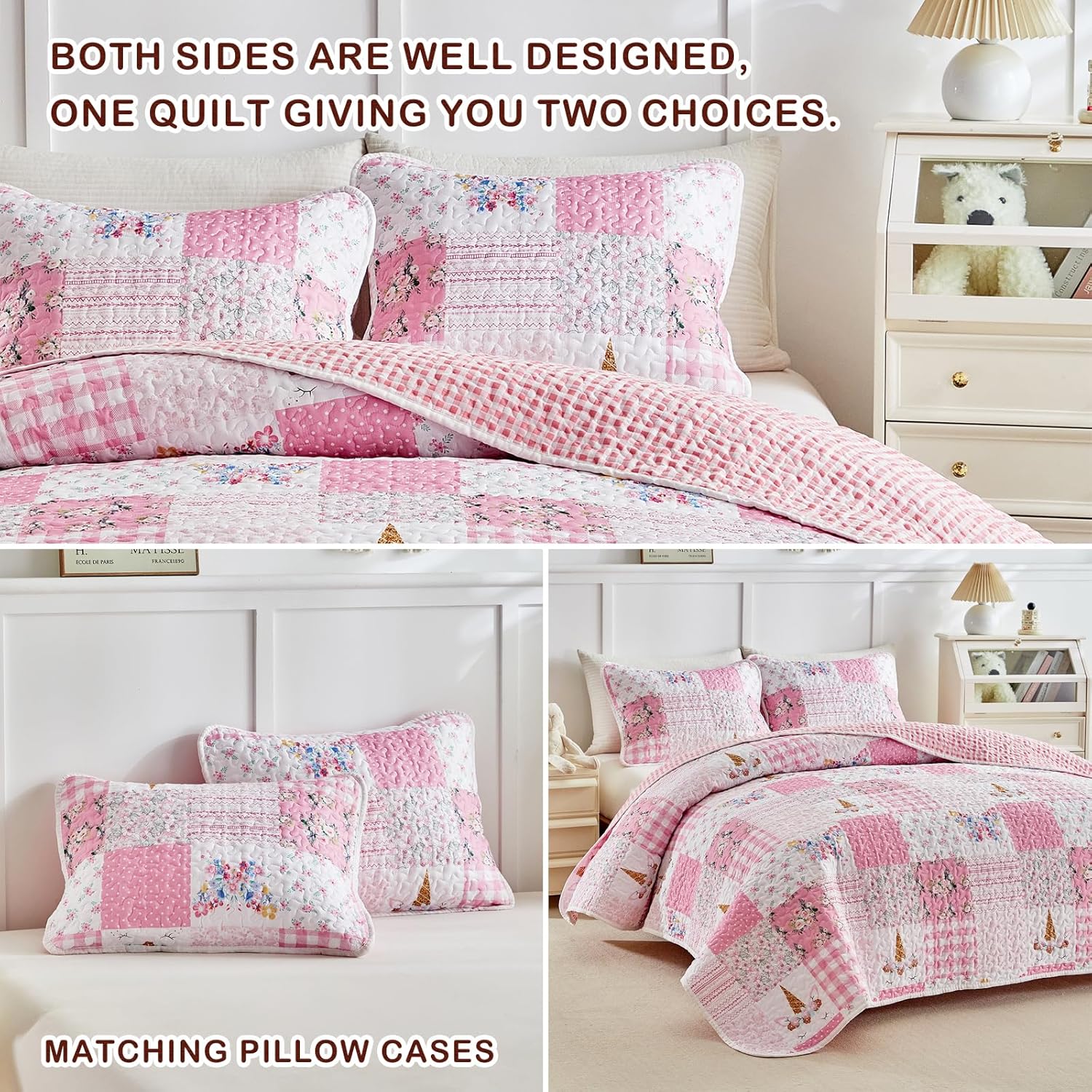 Joyreap Twin Quilt Set for Girls Pink Butterflies Flowers Design