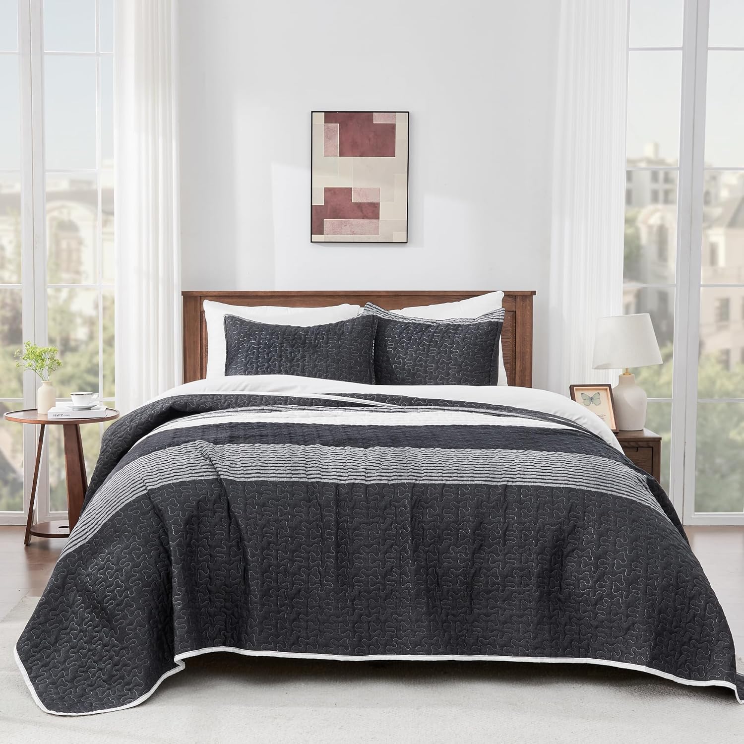 Andency Queen Quilt Set Black and White Striped