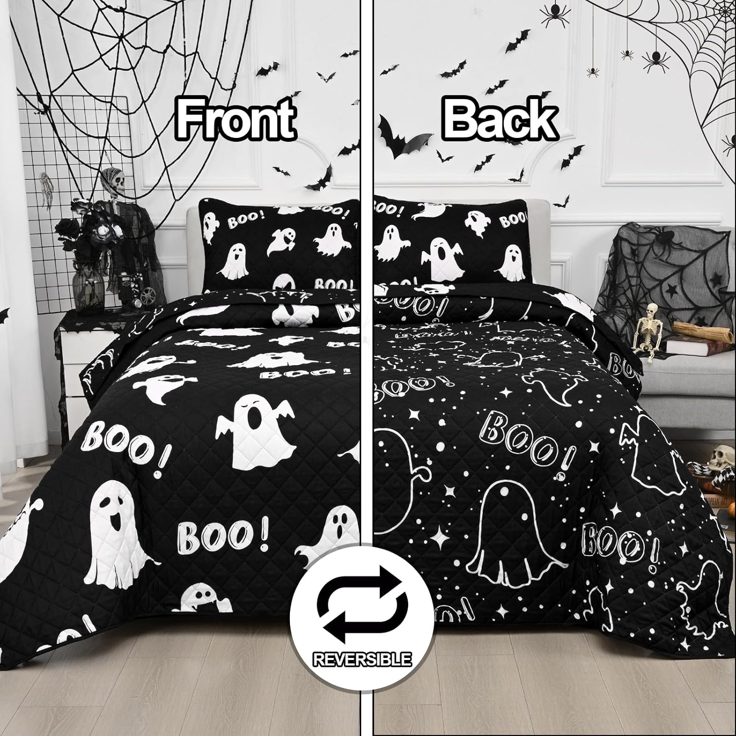 ASPMIZ Halloween Queen Quilt Set 90x90 Reversible Black Ghost Comforter
