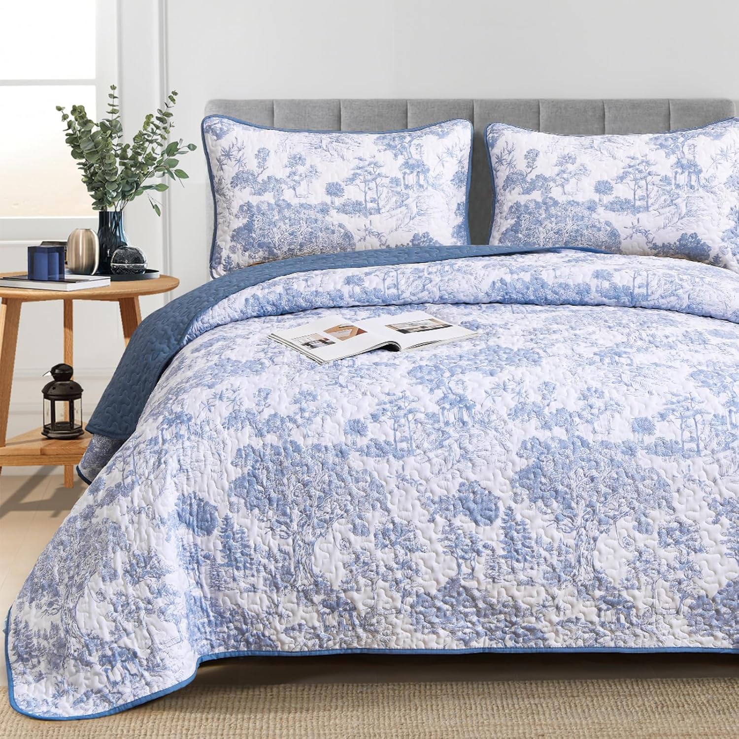WONGS BEDDING King Size Blue Quilt Set 3 pcs