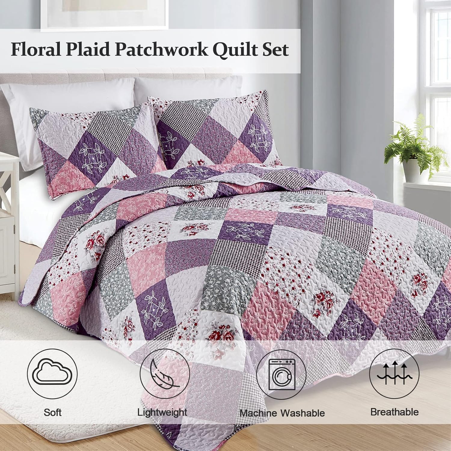 Dinjoy Purple Floral Quilt Set Cal King Size