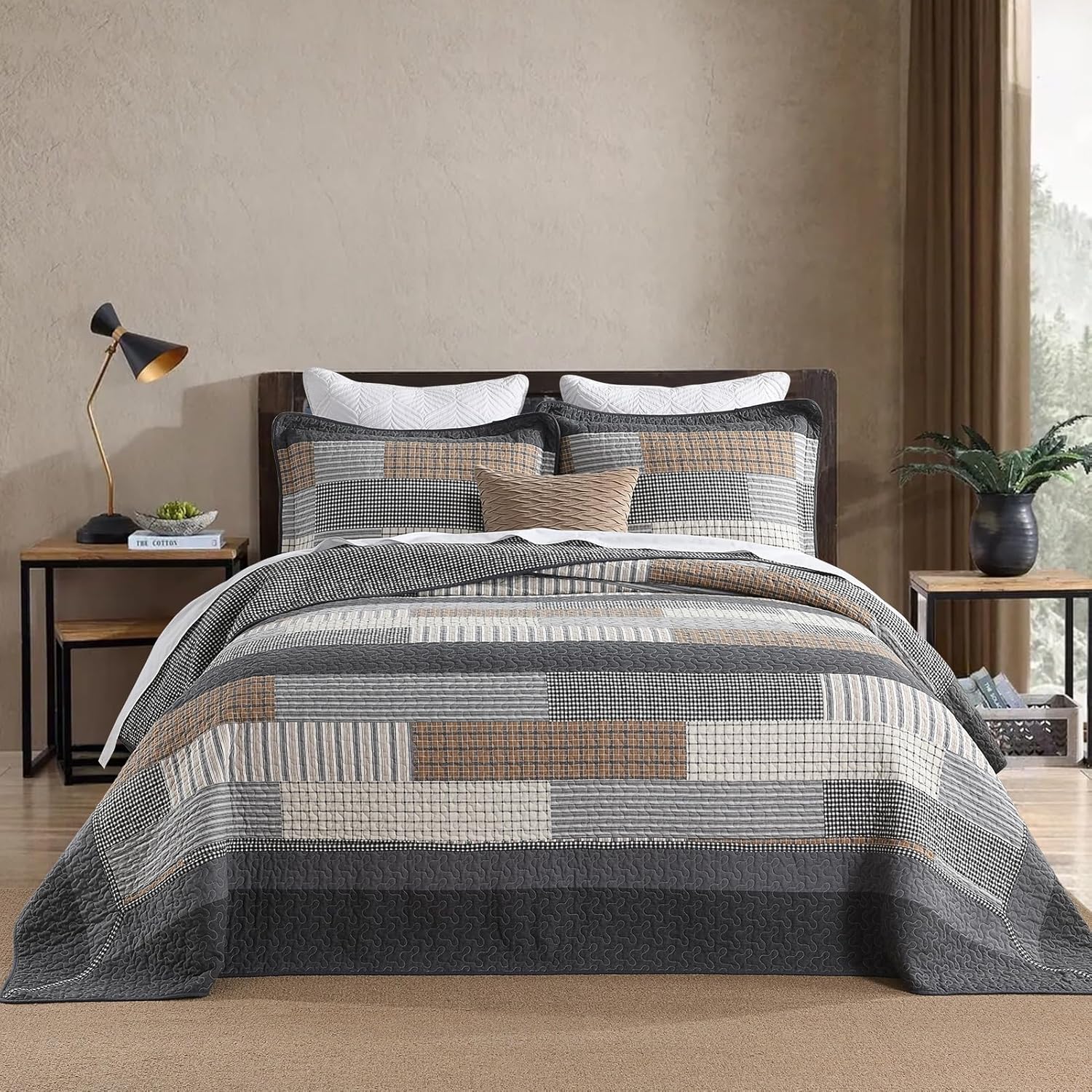 Soforpring 100 Cotton Cal King Bedspread Set - 120x120 Gray Farmhouse Plaid 3pcs
