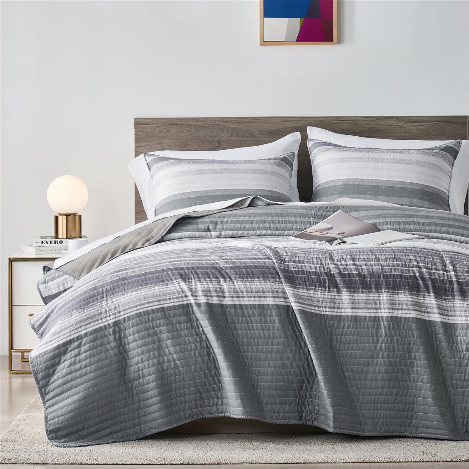 KAKIJUMN Quilt Set Full Queen White Grey Striped Bedding Coverlet with Pillow Shams